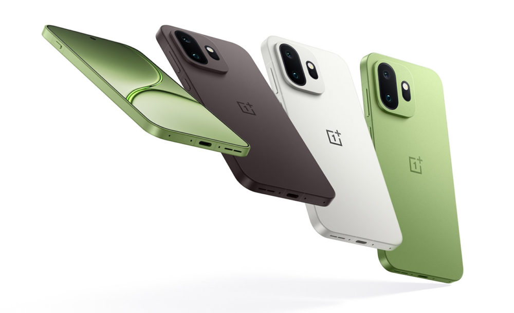 Smartphones OnePlus en colores verde, marrón y blanco, mostrando diseño moderno y cámaras duales.