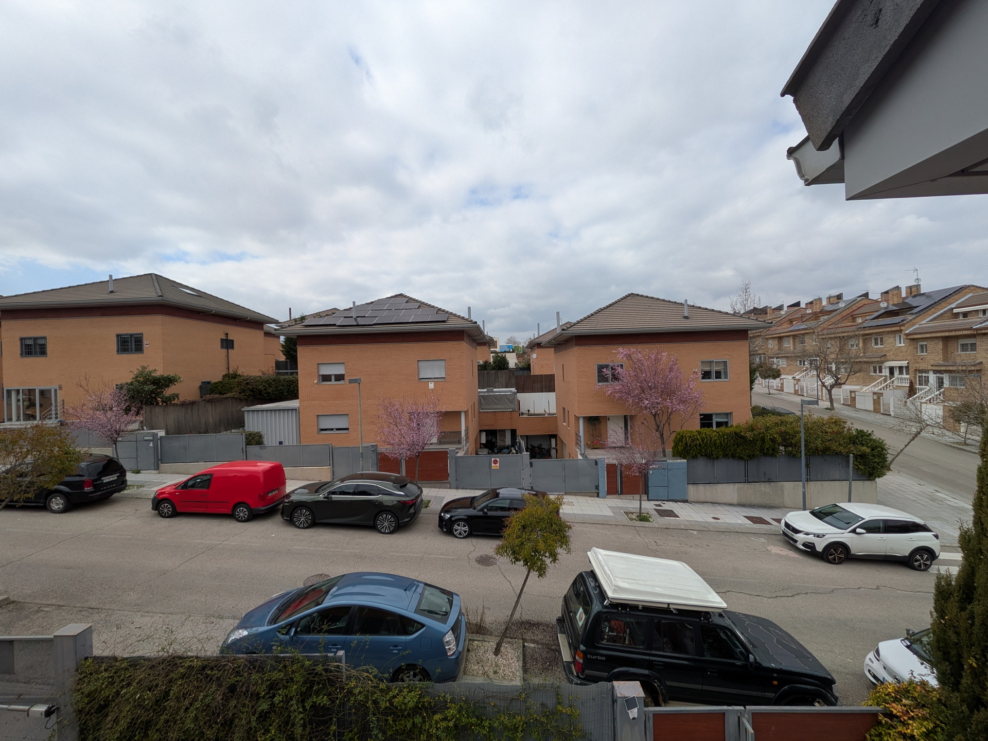 Calle residencial con casas de ladrillo, autos estacionados y árboles en flor bajo un cielo nublado.