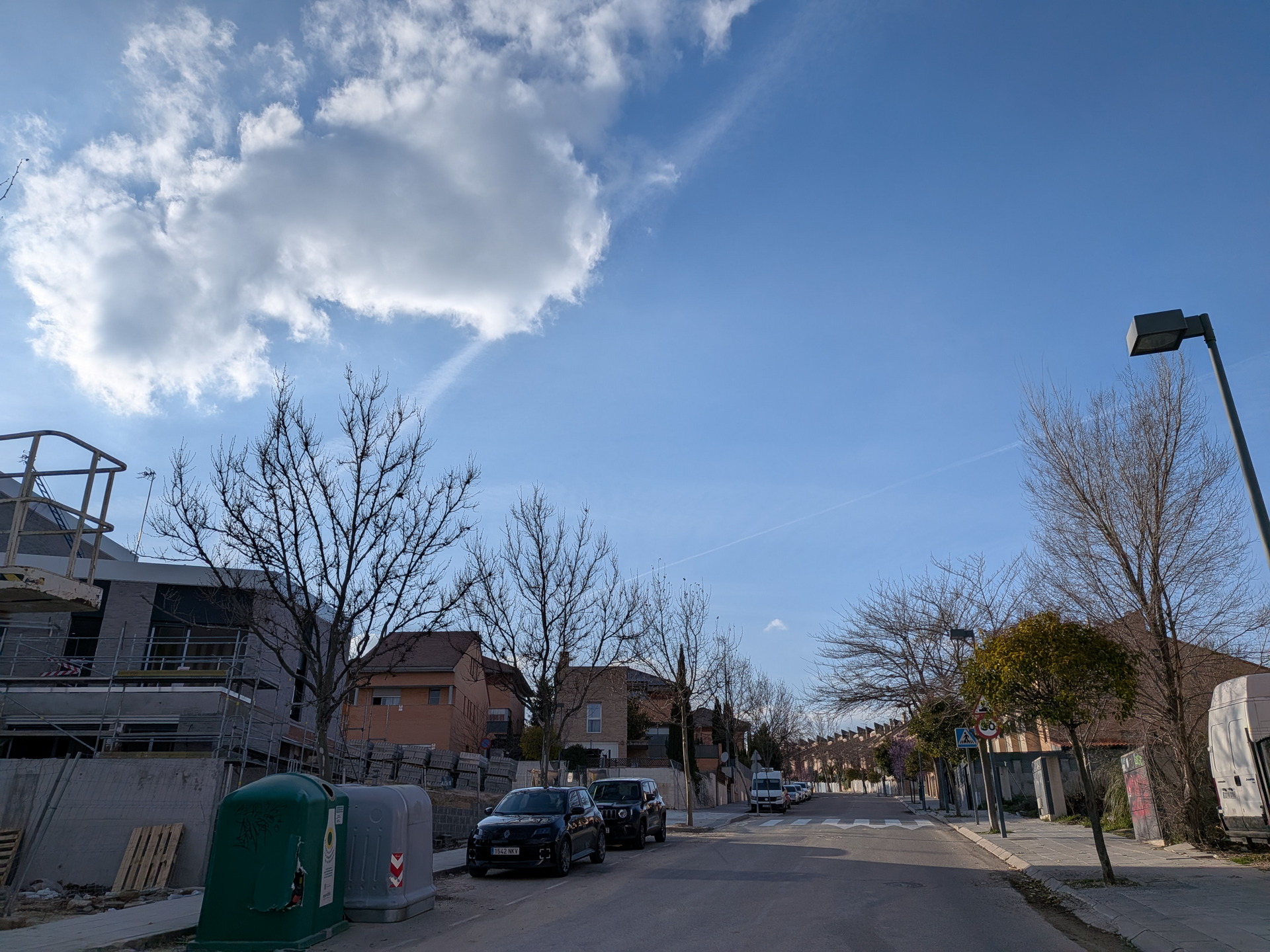 Calle tranquila con árboles sin hojas, coches aparcados y cielo despejado con una gran nube blanca.