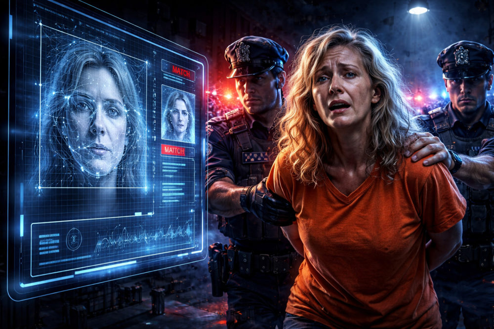 Seis meses en prisión por culpa de la IA: el error del reconocimiento facial que arruinó su vida Mujer arrestada, reconocida por software facial, flanqueada por policías, en una escena urbana iluminada por luces policiales.