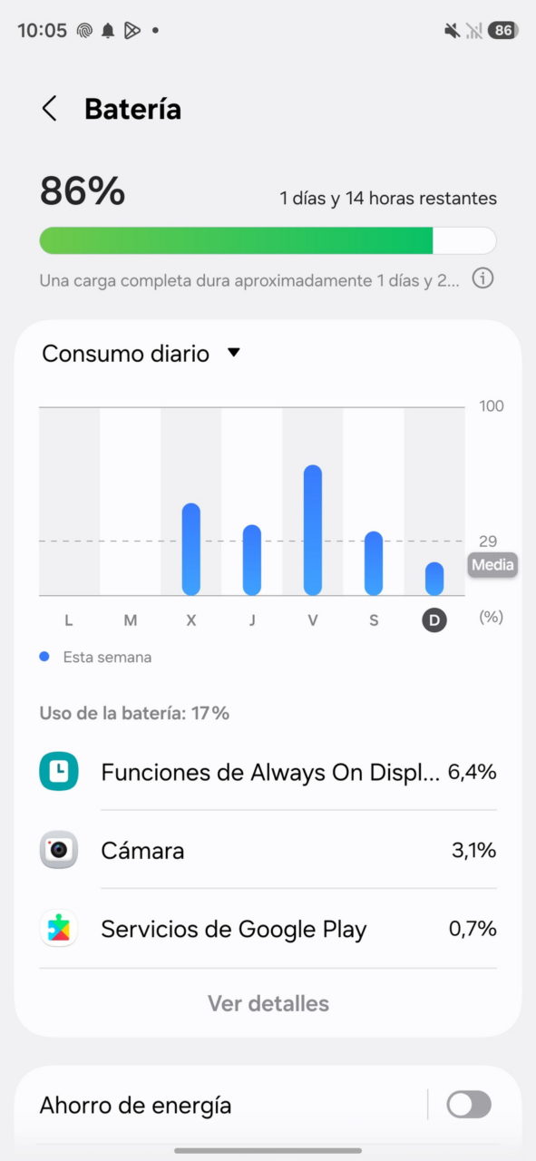 Pantalla de estadísticas de batería: 86% restante, duración estimada 1 día y 14 horas, gráfico de consumo semanal.