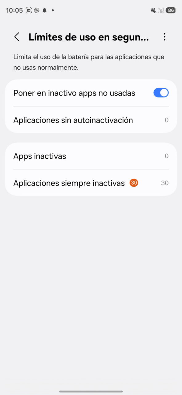 Ajustes de batería en Android: inactivación automática de aplicaciones no usadas para optimizar el consumo.
