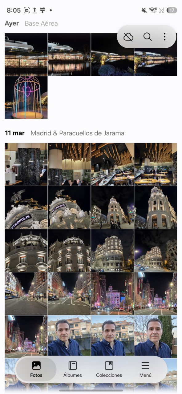 Collage de fotos nocturnas de la ciudad con edificios y calles iluminadas en Madrid y Paracuellos de Jarama.