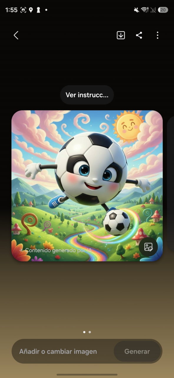 Caricatura de un balón de fútbol alegre con brazos y piernas en un paisaje colorido con sol sonriente y nubes.