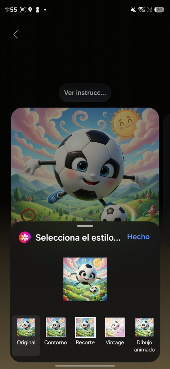 Dibujo animado de balón de fútbol con sonrisa y paisaje colorido. Selección de estilos visuales.