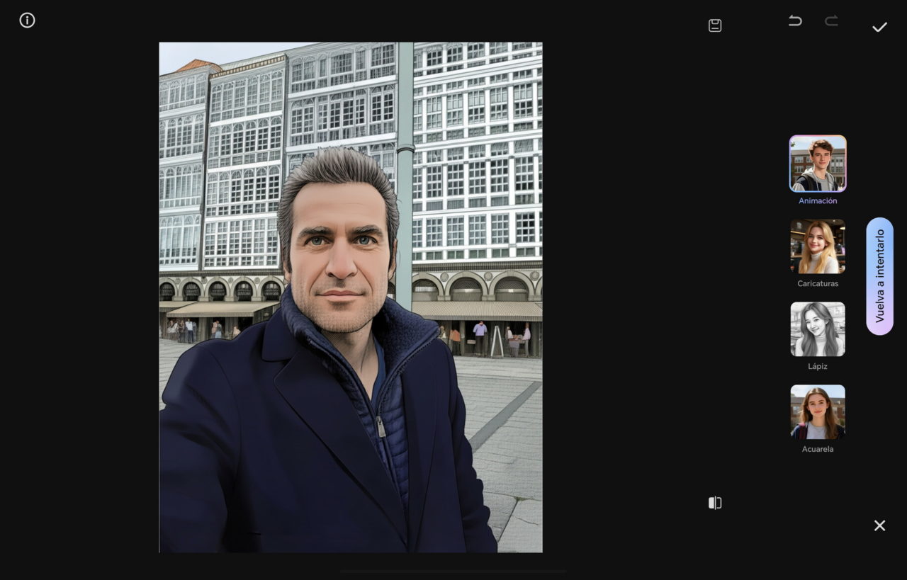 Imagen de hombre frente a edificio con galerías acristaladas en ciudad urbana. Estilo de animación digital.