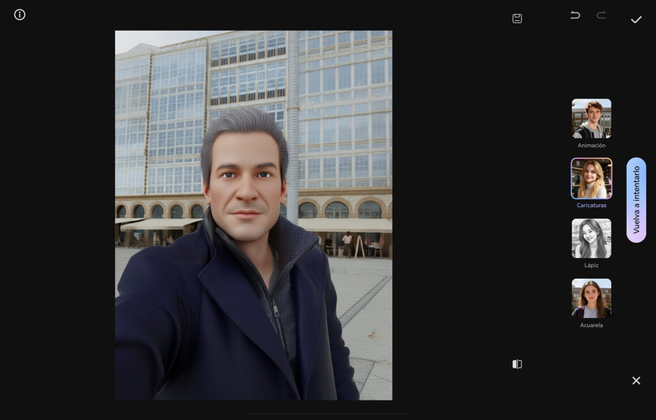 Retrato animado de un hombre sonriendo con fondo de edificio moderno.