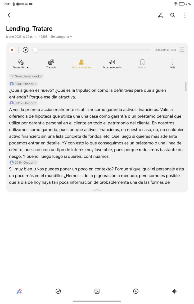 Texto en la pantalla que describe una conversación sobre garantías de activos financieros en una reunión.
