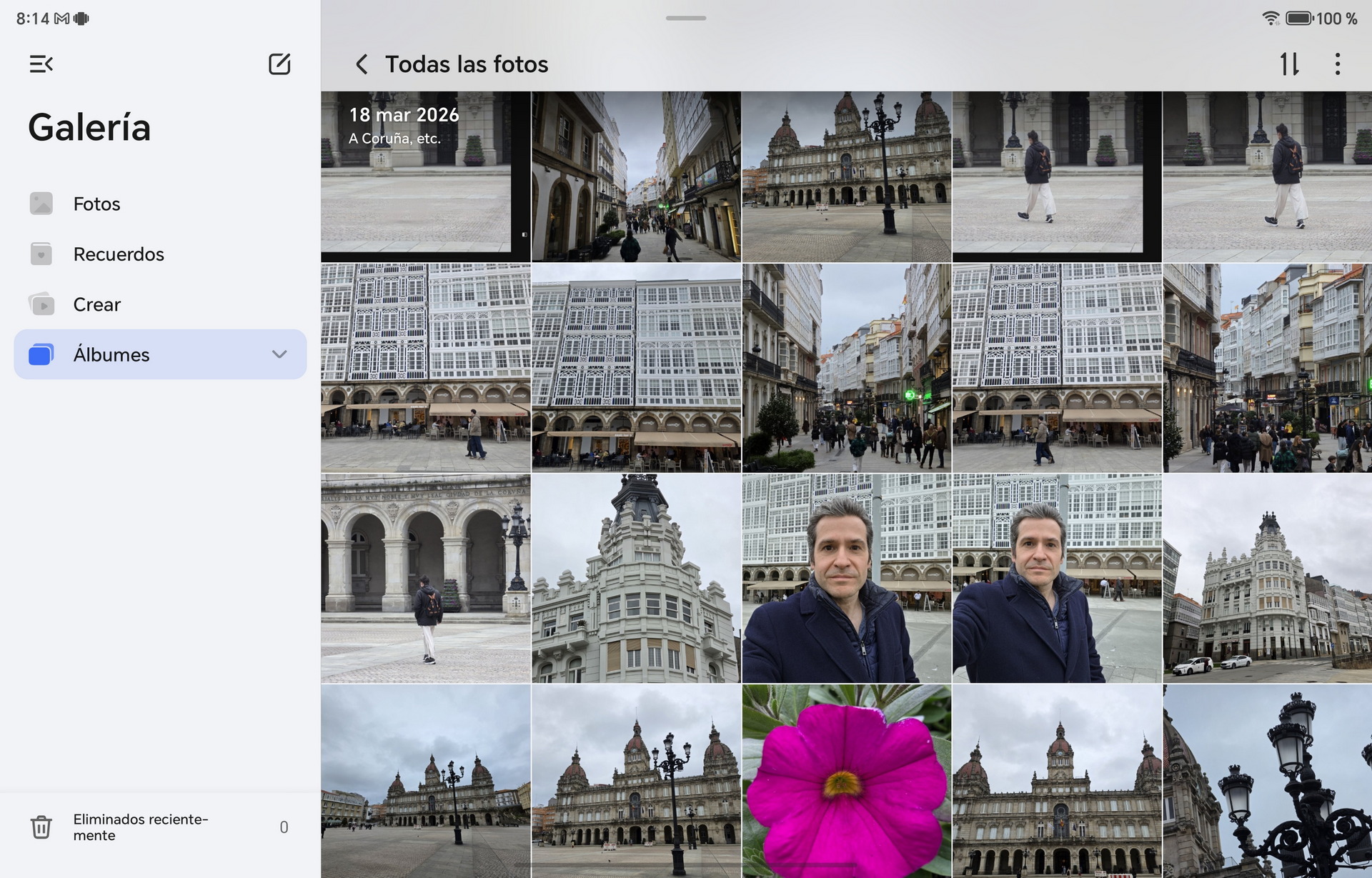 Galería de fotos: paisajes urbanos de A Coruña con edificios emblemáticos y una flor púrpura. Fecha: 18 marzo 2026.