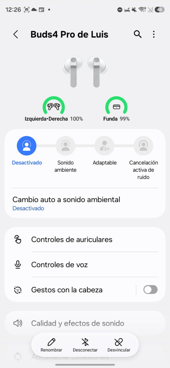 Pantalla de configuración de Buds4 Pro con estado de batería y opciones de sonido, controles y gestos.