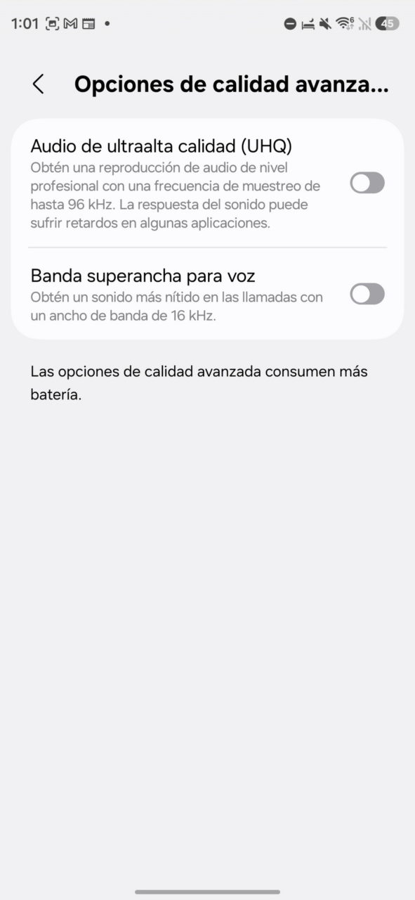 Configuración de opciones de calidad avanzada de audio en un dispositivo móvil, incluye audio UHQ y banda superancha.