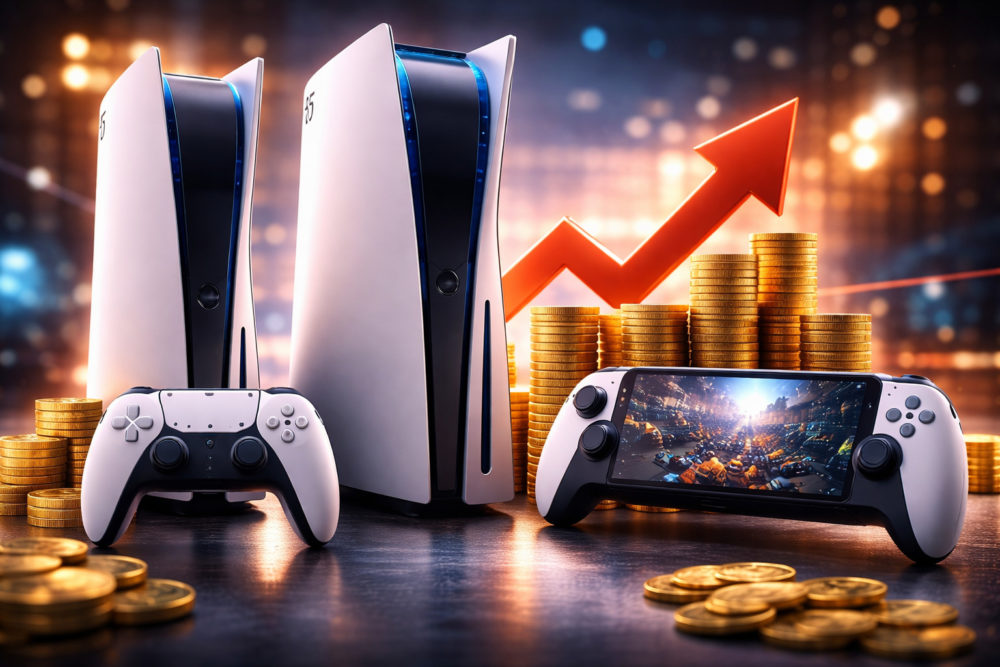 Sony sube el precio de PS5 en 2026: estos son los nuevos precios Consolas de videojuegos con controladores y monedas; gráfico de crecimiento económico en segundo plano.