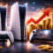 Sony sube el precio de PS5 en 2026: estos son los nuevos precios Consolas de videojuegos con controladores y monedas; gráfico de crecimiento económico en segundo plano.