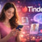 Tinder lanza nuevas funciones con inteligencia artificial para encontrar pareja Mujer sonriente usando Tinder en su móvil, íconos de perfiles y cerebro digital flotando.