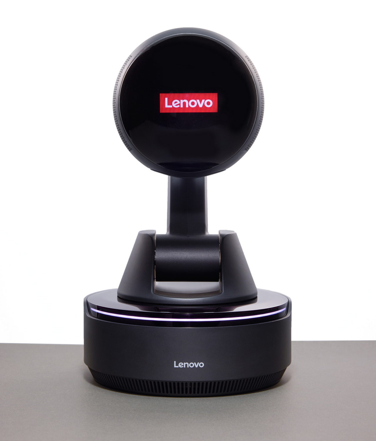 Lenovo dispositivo tecnológico moderno con diseño innovador en color negro, fondo blanco minimalista.