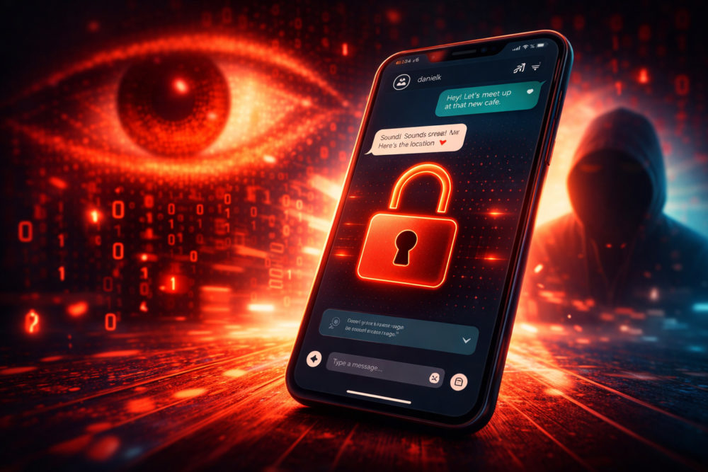 Los mensajes directos de Instagram serán menos privados a partir de mayo Teléfono móvil con candado digital, chat en pantalla; fondo con hacker y ojo digital, seguridad cibernética.