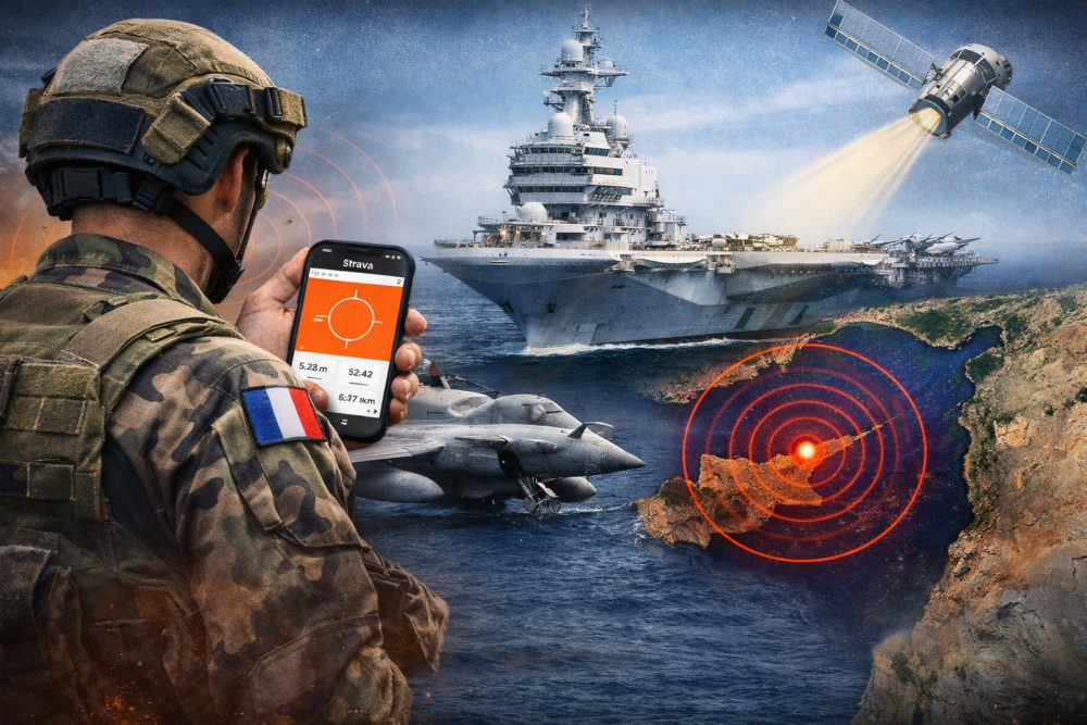 Un simple entrenamiento en Strava revela la ubicación de un portaaviones nuclear Soldado monitorea ubicación con móvil; portaviones, cazas y satélite en operación militar sobre el océano.