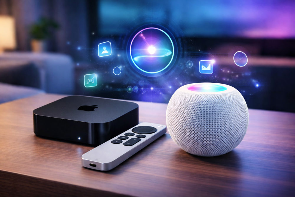 Apple retrasa los nuevos Apple TV 4K y HomePod mini a la espera de la nueva Siri Dispositivo inteligente y altavoz en una mesa con iconos de tecnología futurista.