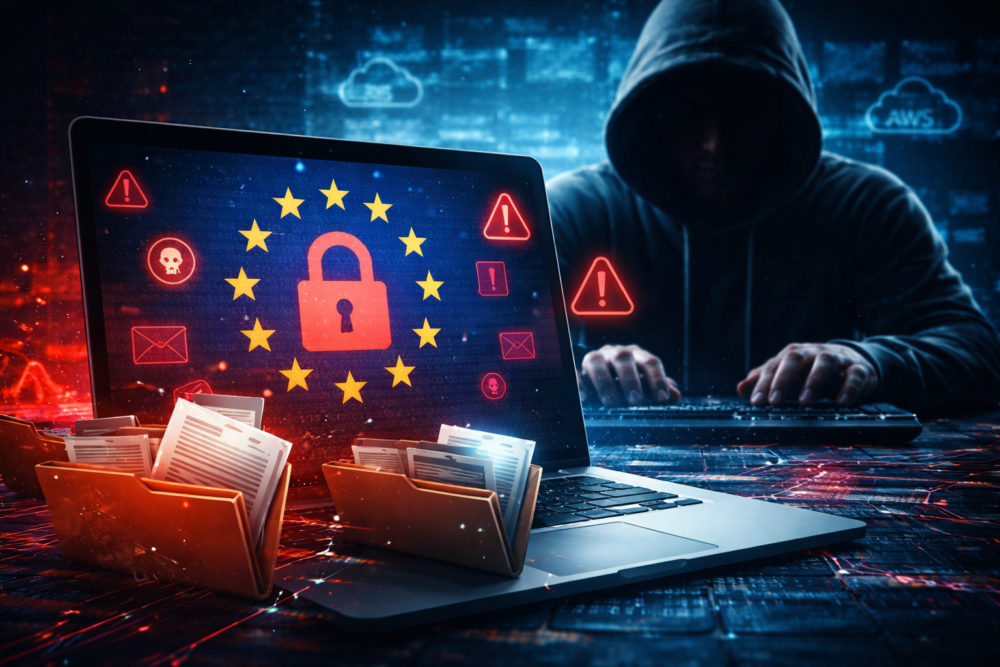 Hackeo a la Comisión Europea: roban más de 350 GB de datos sensibles Protección de datos en la UE, ciberdelincuente con capucha frente a computadora, símbolo de seguridad y privacidad.