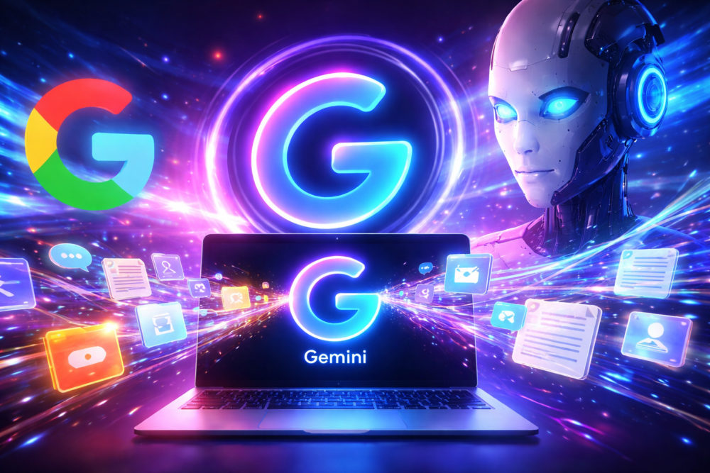 Gemini lanza una herramienta para importar tu historial de ChatGPT, Claude y otras IA Logotipo futurista de Google Gemini con inteligencia artificial y tecnología digital alrededor de un portátil.