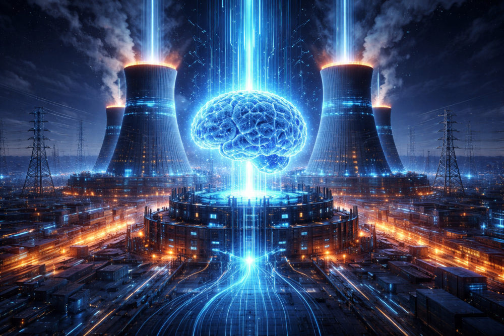 La IA podría convertirse en una factura más del hogar, según el CEO de OpenAI Cerebro digital iluminado frente a plantas nucleares futuristas, energía y tecnología en fusión creativa.