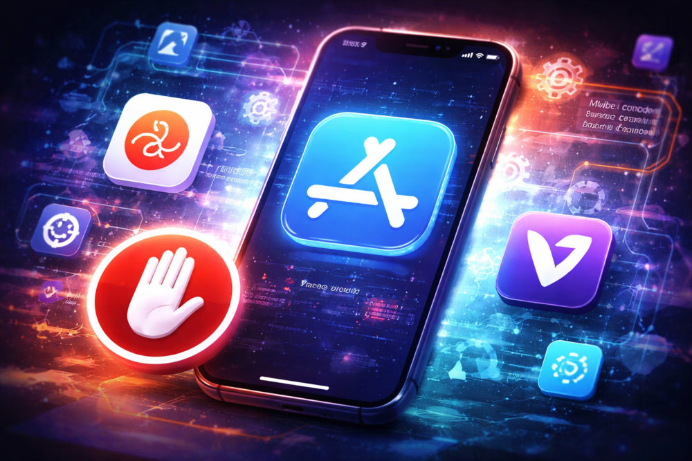 Apple pone contra las cuerdas a las apps de «vibe coding» en la App Store Aplicaciones móviles y símbolo de seguridad en pantalla de smartphone. Tecnología digital y protección de datos.