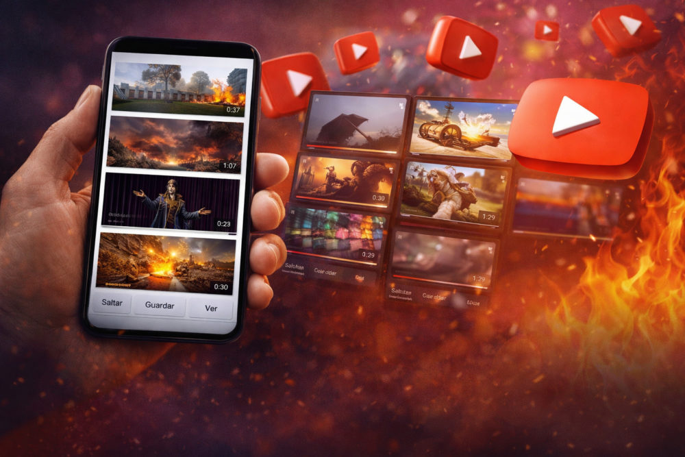 YouTube quiere acabar con el clickbait: así funcionan sus nuevas vistas previas Mano sosteniendo un celular con videos en pantalla; logos de YouTube flotan en un fondo ardiente.