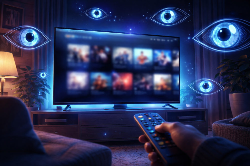Tu Smart TV envía capturas de todo lo que ves al fabricante: Qué puedes hacer para evitarlo Persona usando control remoto frente a televisión iluminada rodeada de ojos azules brillantes en sala oscura.