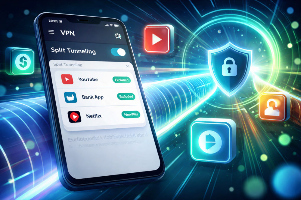 Android 17 mejorará el uso de VPN con una función muy esperada Aplicación VPN en smartphone mostrando ajuste de túnel dividido con íconos de seguridad y multimedia flotando.