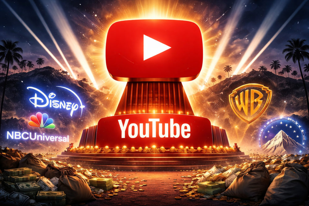 YouTube ya gana más dinero con publicidad que Disney, NBC, Paramount y Warner Bros. juntos Logos de YouTube, Disney, NBCUniversal, Warner Bros y Paramount entre luz dorada y pilas de dinero.