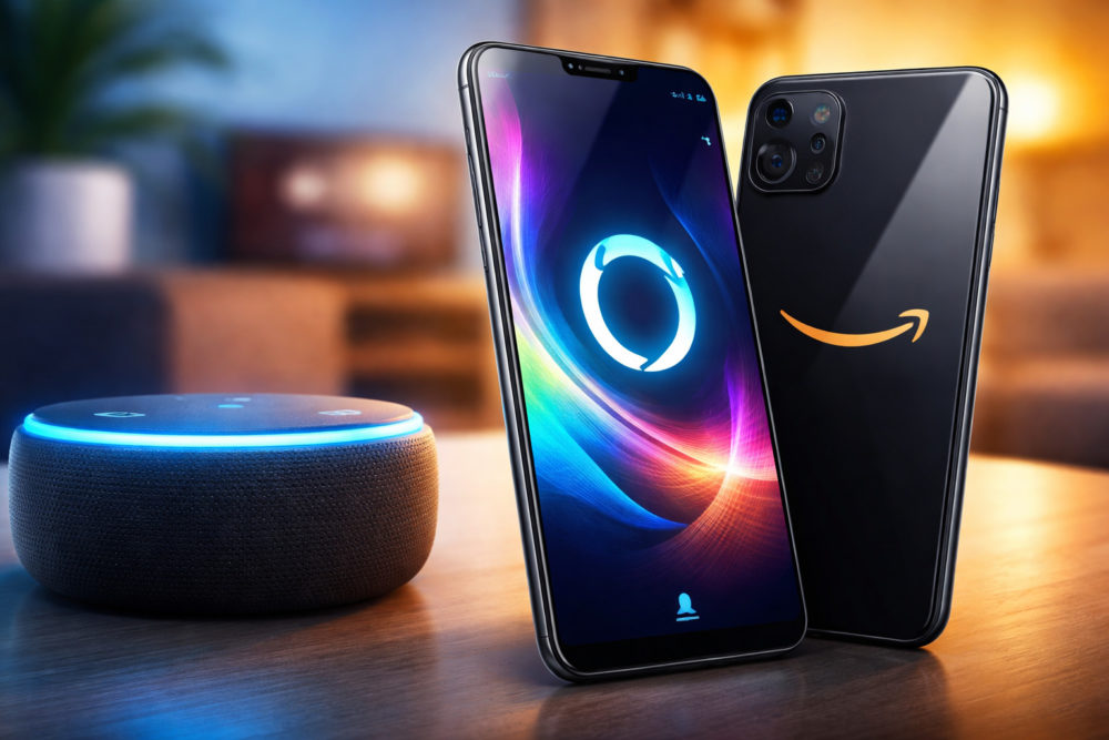 Amazon quiere resucitar el Fire Phone: Nuevo móvil con Alexa para competir con el iPhone Smartphone y dispositivo inteligente en mesa, tecnología moderna.