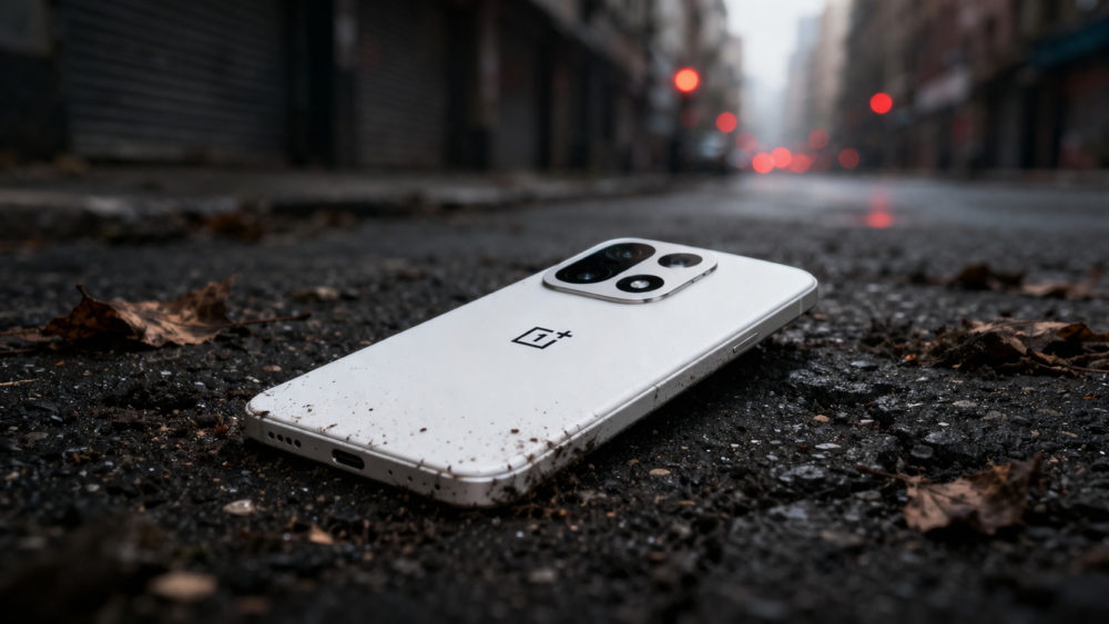OnePlus podría abandonar Europa: Todo lo que sabemos del posible cierre Smartphone blanco sucio en el suelo de una calle vacía, rodeado de hojas secas.