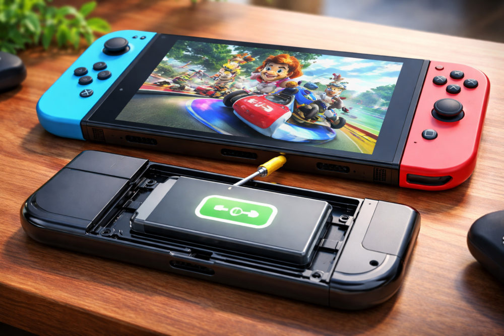 Nintendo Switch 2 cambiará para siempre en Europa: batería reemplazable obligatoria Consola portátil abierta mostrando batería desmontable y pantalla con videojuego de carreras.