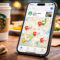 Apple Maps empezará a mostrar anuncios: Así cambiará la búsqueda en iPhone, iPad y Mac Teléfono mostrando mapa de cafeterías en una app, con vaso de café al fondo sobre mesa de madera.