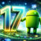 Robot de Android junto al número 17, rodeado de iconos tecnológicos brillantes y coloridos.