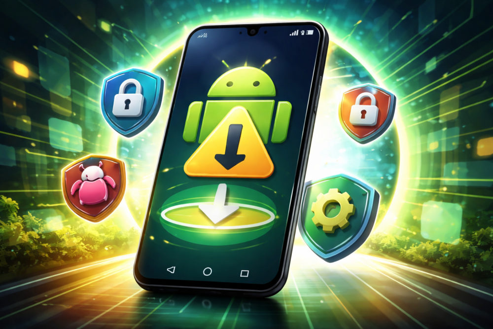 Instalar apps fuera de Google Play será mucho más difícil: Ya sabemos cómo será el proceso Descarga de Android en smartphone con iconos de seguridad, engranaje y protección. Seguridad digital.