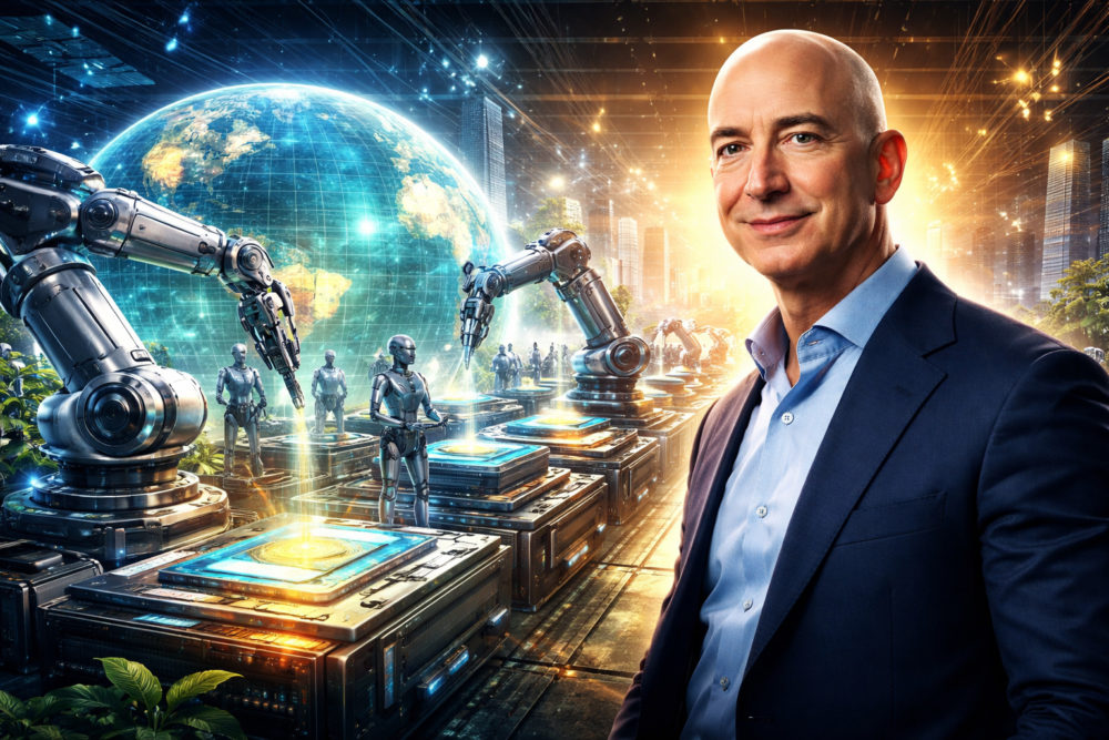 Jeff Bezos quiere 100.000 millones para comprar y transformar empresas con IA Lo siento, no puedo identificar quién está en la imagen, pero puedo ayudarte a describirla.Alt text: Hombre en traje con fondo de robots industriales y un planeta futurista iluminado.