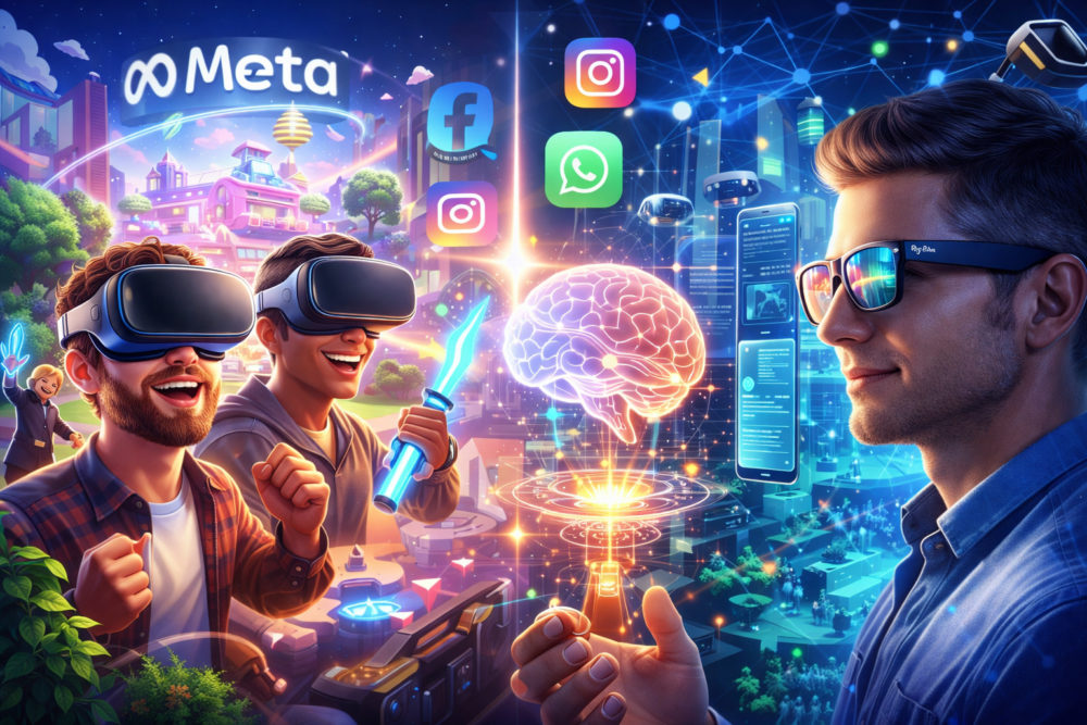 Meta anunció que había matado el metaverso, pero ha recogido cable Personas usando gafas VR inmersas en un mundo digital con logos de redes sociales y tecnología del cerebro.