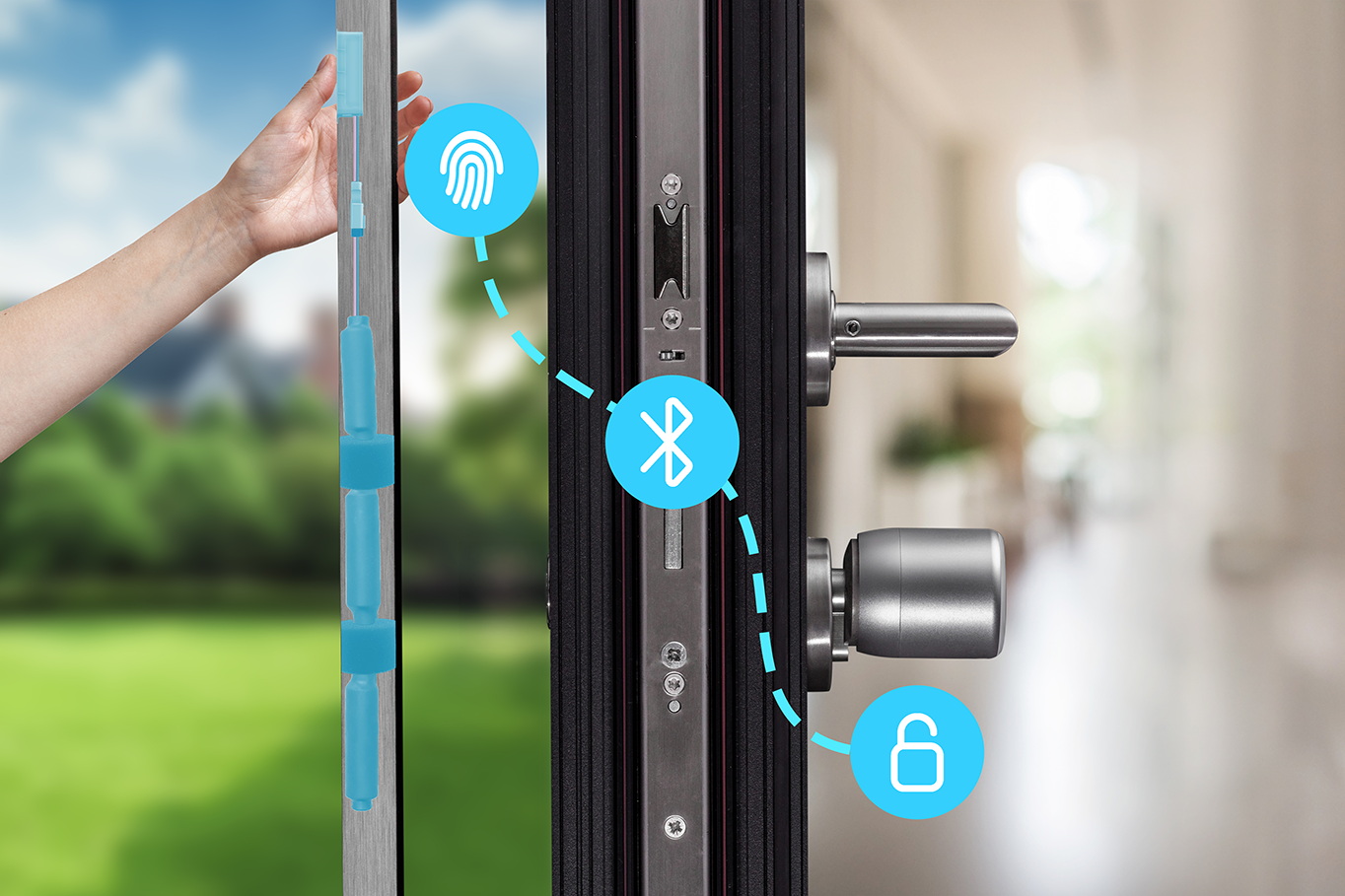 Puerta inteligente con sensores de huella digital y Bluetooth para mayor seguridad en el hogar.