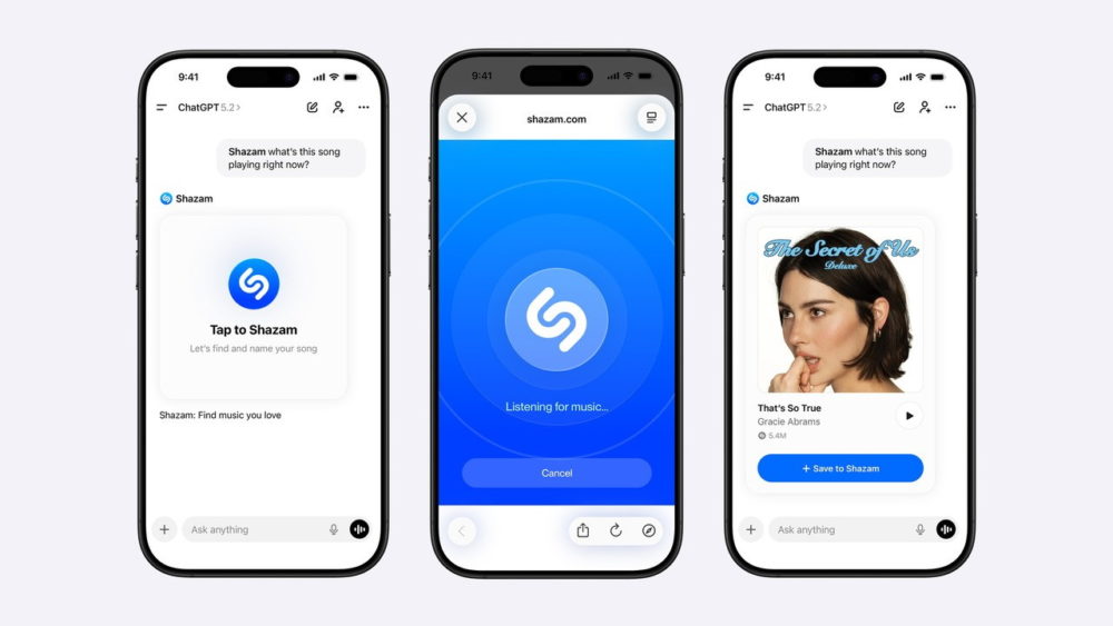 Shazam llega a ChatGPT para identificar canciones directamente desde el chatbot Tres pantallas de iPhone muestran la integración de Shazam en ChatGPT para identificar y reproducir música.