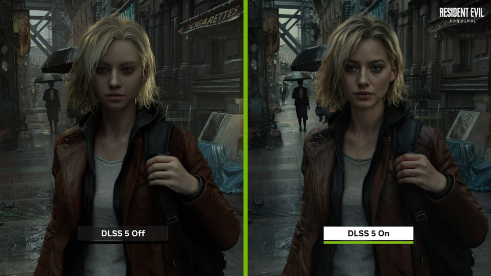 Comparación de calidad gráfica en un videojuego con DLSS 5 desactivado y activado, mostrando mejoras visuales.
