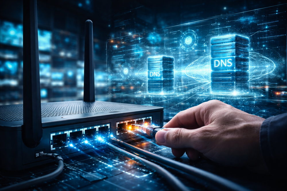 Tu router tiene un ajuste que tu proveedor de Internet no quiere que conozcas Mano conectando cable de red a enrutador con fondo de servidores DNS iluminados en azul. Tecnología de internet.