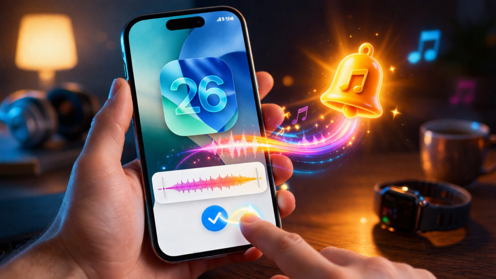 El truco oculto de iOS 26 para usar cualquier MP3 como tono de llamada en segundos Persona configurando tonos de llamada en un smartphone con gráficos musicales coloridos. Tecnología y personalización móvil.