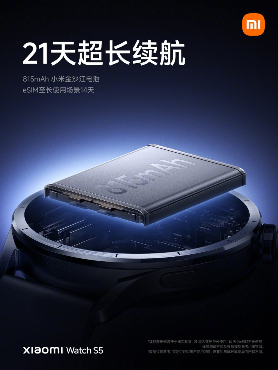 Reloj inteligente Xiaomi Watch S5 con batería de larga duración de 815mAh y soporte eSIM, diseño moderno.