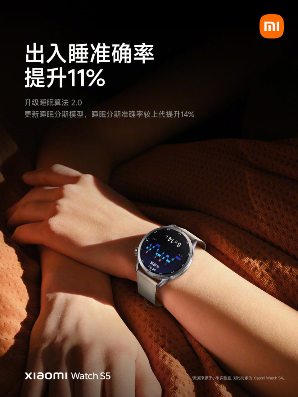 Reloj inteligente Xiaomi Watch S5 en muñeca, mostrando estadísticas de sueño en pantalla, mejora precisión 11%.