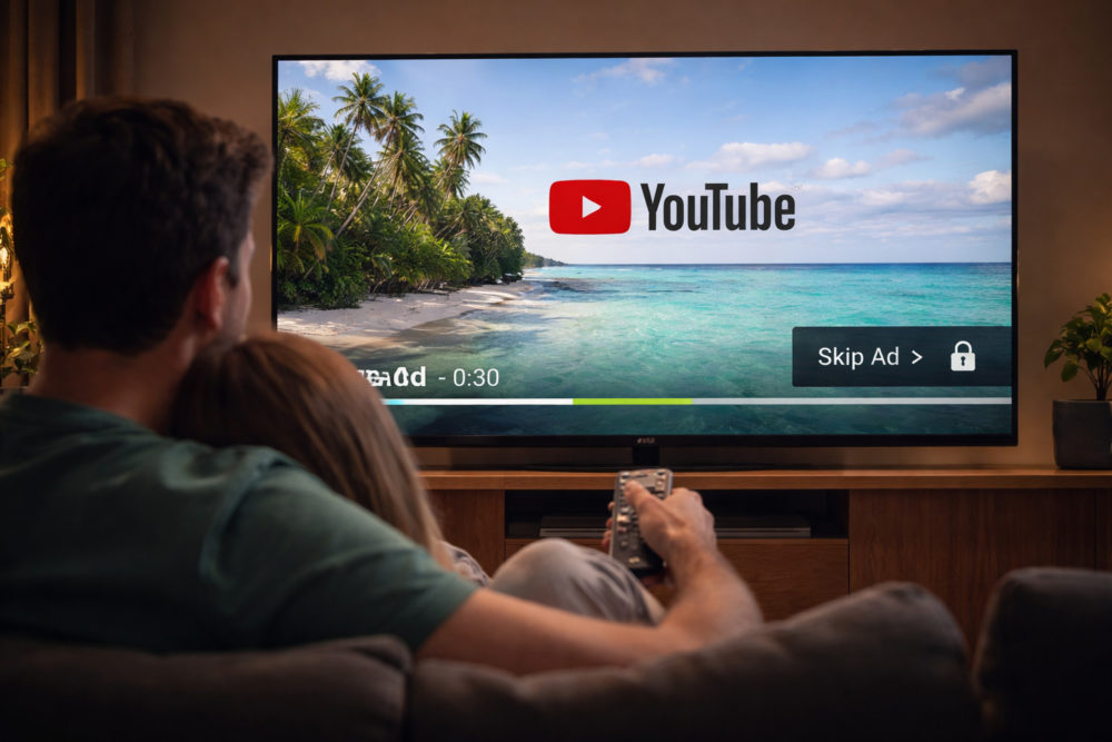 Ver YouTube en la TV será más molesto: llegan anuncios de 30 segundos imposibles de saltar Pareja viendo video en YouTube en TV, paisaje de playa tropical; opción de omitir anuncio visible.