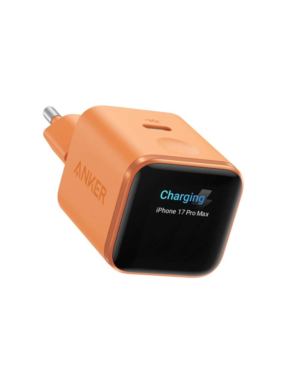 Cargador rápido Anker naranja con pantalla mostrando Cargando para iPhone 17 Pro Max. Tecnología de carga rápida IQ.