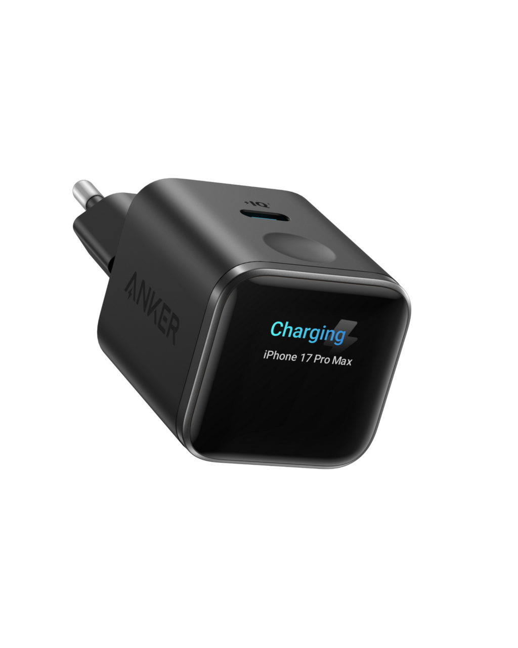 Cargador rápido Anker para iPhone 17 Pro Max con tecnología IQ, negro, diseño moderno y compacto.