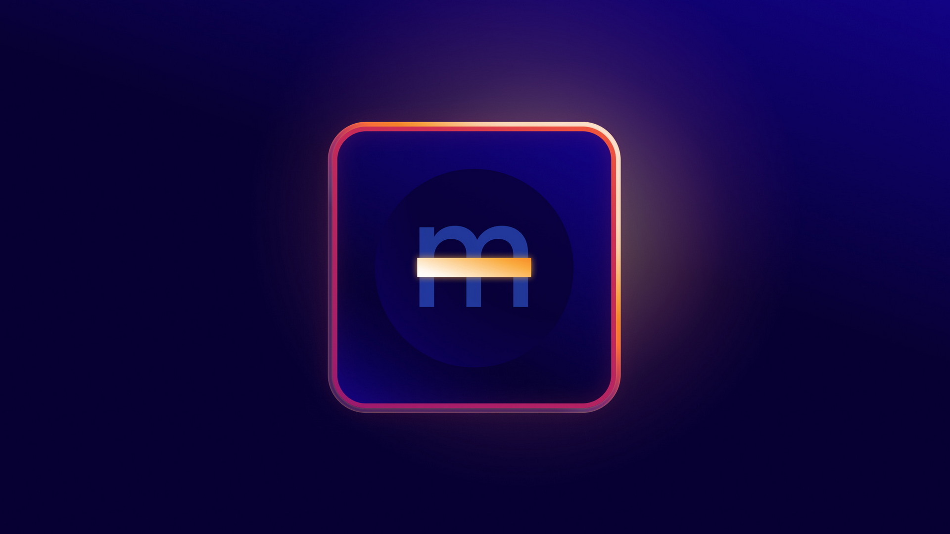 Icono moderno con letra m sobre fondo oscuro y borde brillante, diseño tecnológico y elegante.