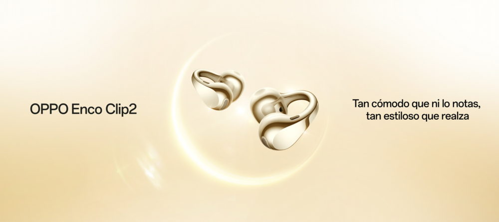 OPPO Enco Clip2: diseño abierto, sonido Dynaudio y funciones inteligentes con IA Auriculares OPPO Enco Clip2 en dorado, diseño cómodo y elegante, con fondo beige claro.